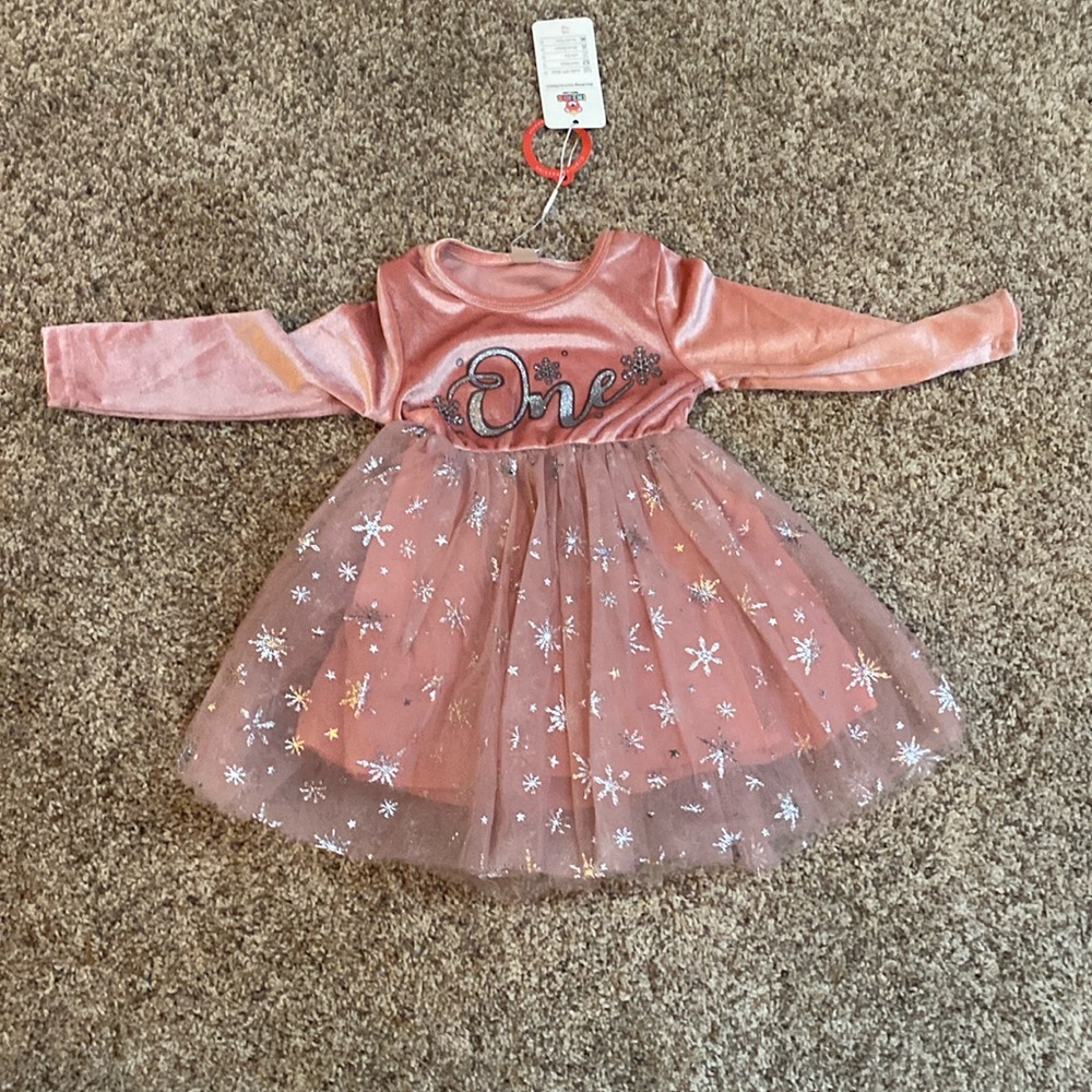 Girls pink birthday dress “One” with snowflake toule skirt.